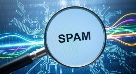 Magnifying glass over "SPAM" on digital circuit board and light streaks