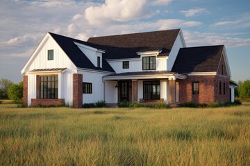 Obraz premium A contemporary farmhouse gracefully situated amid a vibrant, lush green landscape, bathed in the warm glow of late afternoon sunlight and under a serene blue sky