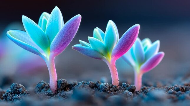 Young plant sprout with blue and pink leaves growing from soil showing seedling growth and development in natures nurturing environment