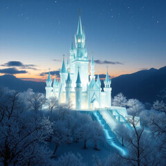 A magical castle made of glass and ice in a fantasy landscape