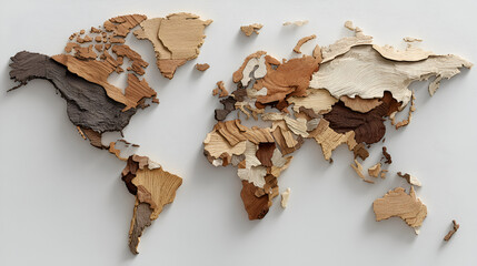 Detailed Wooden World Map with Varied Grain and Tonal Textures.