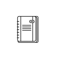A minimalist black and white line drawing of a spiral-bound notebook with lined pages and a tab.