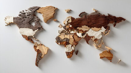 Detailed Wooden World Map with Varied Wood Tones and Textures.