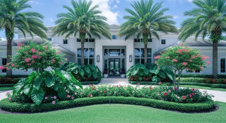 Naklejka premium Luxury home entrance w/ manicured garden, palms, and symmetrical architecture
