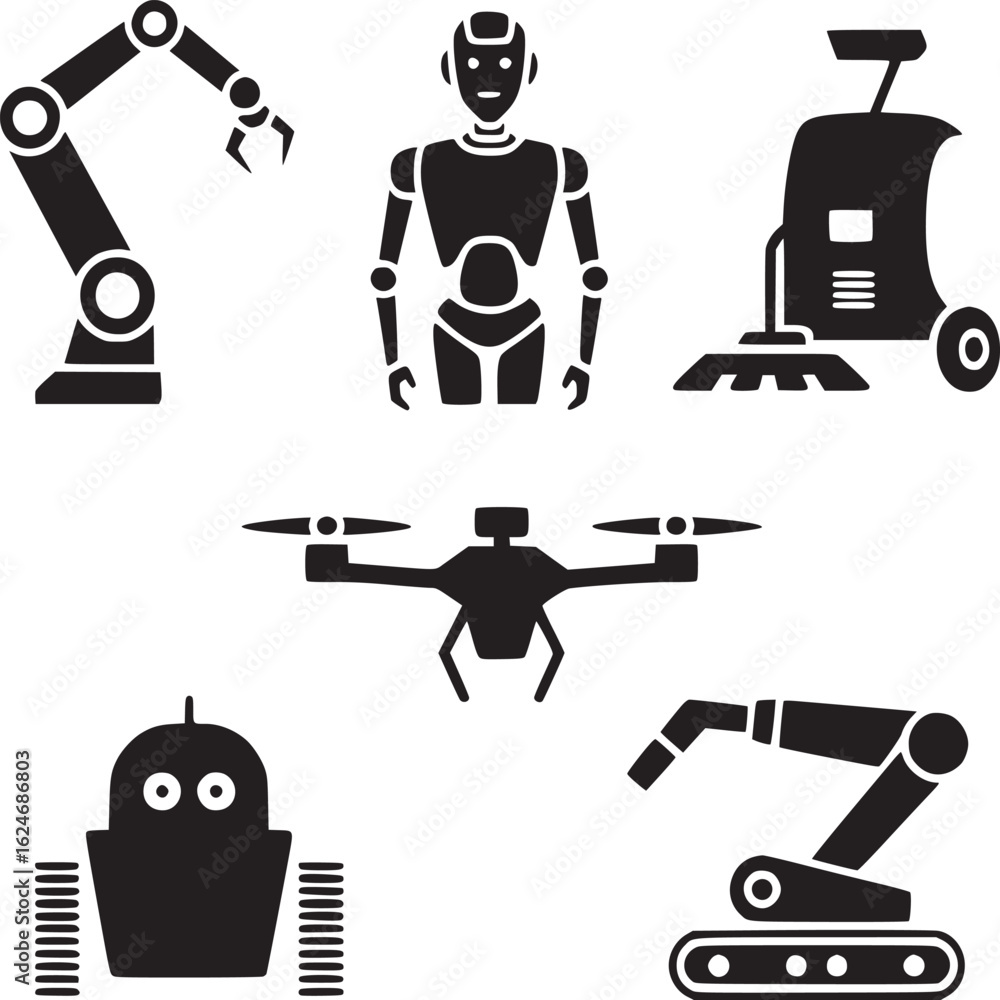 Poster vector art of set of robot and automation icons isolated on white background for web design and appl
