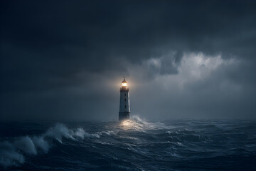 Guiding Light: A Beacon Shines Over a Stormy Sea in a Symbolic Display of Hope and Navigation During Nature's Fierce Tempest