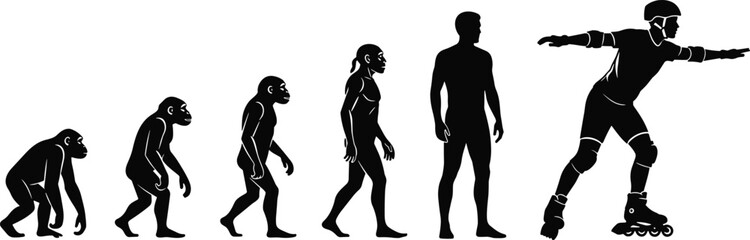 Human Evolution Silhouette, From Primate to Rollerblading, Physical Transformation, Development Stages, Progress Timeline, Modern Lifestyle, Evolutionary Journey, Vector Art