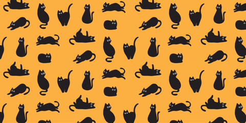 Cute Handdrawn Black Cat Seamless Pattern Spooky Kitten Pet Background