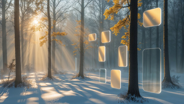 Sunbeams filtering through trees in magical snowy forest with floating screens