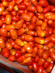 Fresh red tomatoes displayed in a market, showcasing vivid colors and healthy produce harvested locally in the afternoon sun