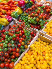 Fresh produce market display showcasing vibrant varieties of tomatoes and bell peppers with a focus on colorful fruits and vegetables in crates