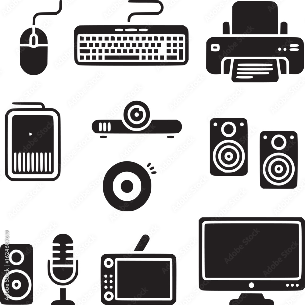 Poster vector art of collection of various computer and multimedia devices isolated on white background for