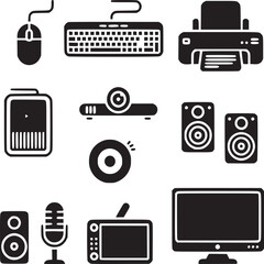 Vector art of collection of various computer and multimedia devices isolated on white background for graphic design projects