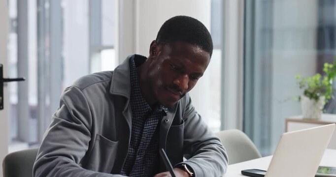 Business, writing and black man with laptop, planning and ideas with research for news report. African person, employee and journalist in office, pc and creative with email, feedback and proofreading