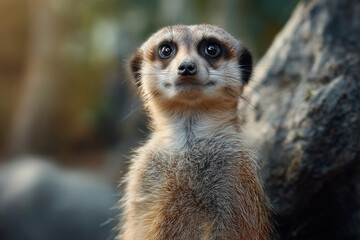 Fototapeta premium Close-up portrait of a curious meerkat with detailed fur texture and expressive eyes in natural habitat