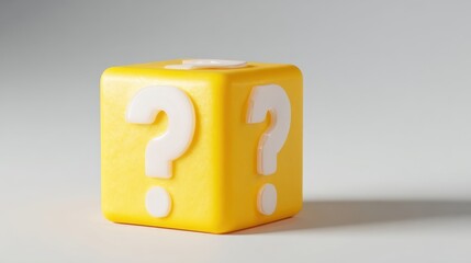 The vibrant yellow cube with question marks inviting curiosity and surprise.