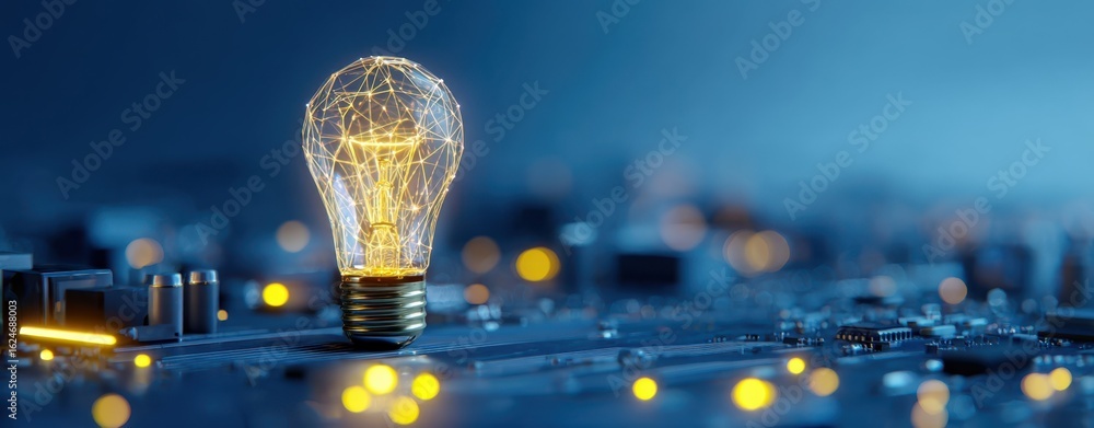 Poster the glowing lightbulb illuminating a circuit board in a futuristic setting.