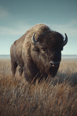 Majestic Bison Herd Roaming Free in Expansive Prairie Landscape: Embracing Nature’s Beauty and Preserving Wildlife’s Heritage in a Tranquil Environment