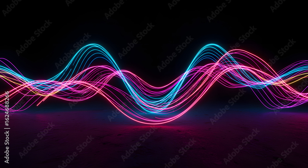 Aufkleber dynamic glowing neon wavy lines creating abstract sound wave pattern in pink blue and yellow hues.
