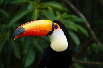 Fototapeta premium Stunning toucan bird portrait with vibrant plumage against lush green foliage backdrop