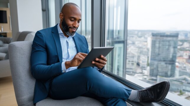 A man in a business suit using a tablet in a modern office with large windows and city view - Powered by Adobe