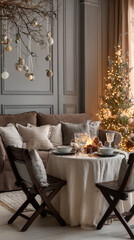 Elegant holiday setting with a decorated tree, cozy sofa, and intimate dining table for two. Warm lights and pastel tones create a festive, inviting ambiance.
