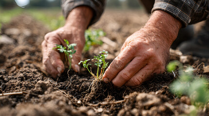 Farmers Hands Planting a Young Seedling in Rich Soil.