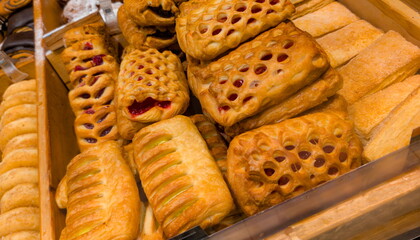Freshly baked pastries displayed in a rustic wooden box at a bakery during the morning hours inviting customers to indulge in sweet treats and delights