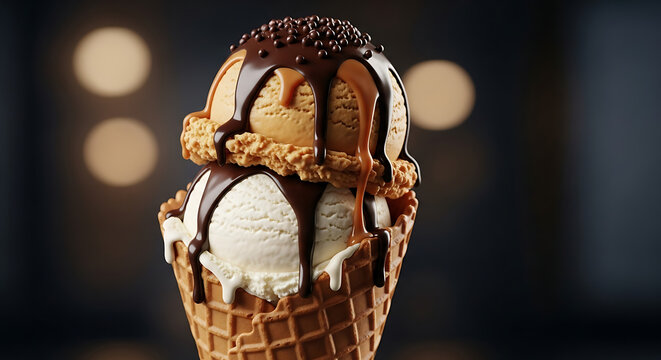 Two scoops of vanilla and caramel ice cream in a waffle cone, drizzled with chocolate and caramel sauce and topped with sprinkles. - Powered by Adobe