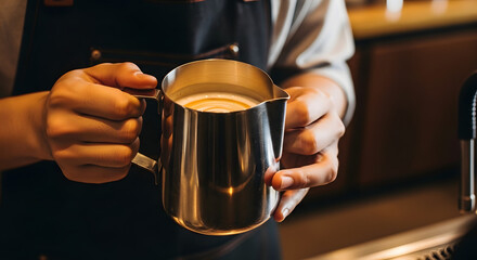 Baristas hands holding a shiny stainless steel pitcher with swirled frothed milk for latte art.
