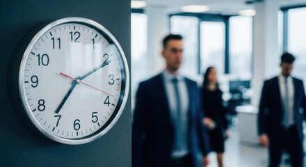 Office clock shows time; blurred business people walk in background