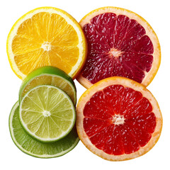 Fototapeta premium Fresh citrus fruit slices orange grapefruit and lime halves arrangement isolated on transprint background