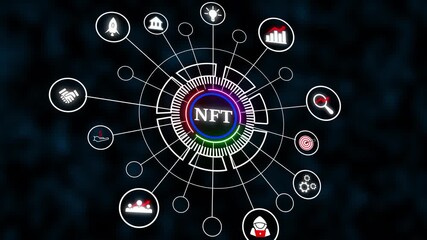 NFT Cryptocurrency Blockchain Technology Network Digital Art Investment Finance Future. NFT And Blockchain Shape Digital Finance. Innovation And Investment Drive Business Growth. - Powered by Adobe