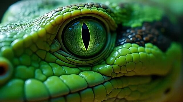 A close up macro shot of a vibrant green snake eye reptilian creature