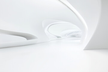 Fototapeta premium Futuristic white architectural gallery with flowing shapes and soft shadows, high key lighting