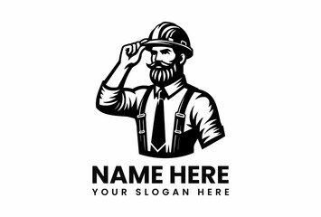 Stylized Construction Worker with Hard Hat and Beard Tipping Hat Brim.