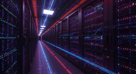 A server room with glowing neon lights, representing data storage, network infrastructure, and the digital age of information technology and computing services