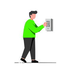 Man adjusting thermostat to conserve energy at home, concept of energy conservation  