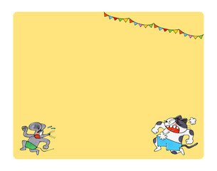 追いかける猫と逃げるネズミのキャラクター　コピースペース (四角)