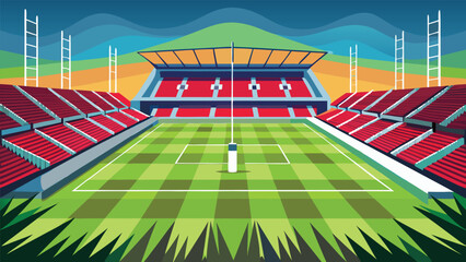 A sprawling green football field with impressive stadium architecture under a vast sky, perfect for sport and travel themes