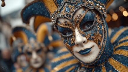 Ornate, blue & gold jester mask. Eyes looking forward. Depth of field
