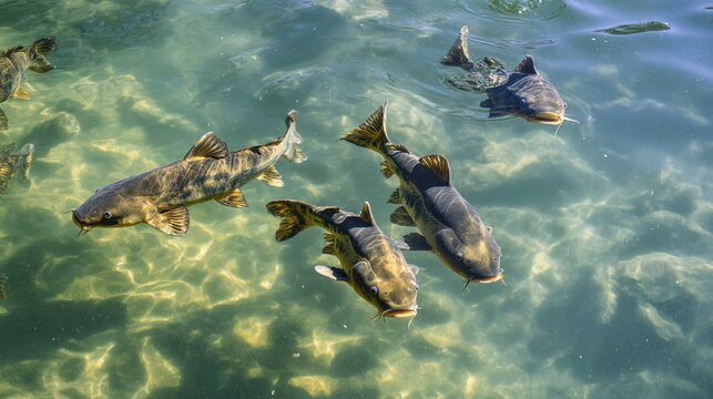 A group of catfish feeding near the bottom of a shallow freshwater pond