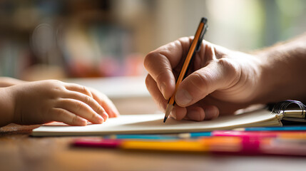 Hand Holding Orange Pencil Writing on White Paper in Notebook.