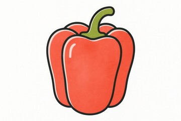 Red Bell Pepper with Simplified Curves, Thin Line Art, and Gentle Paint-Like Fill on White Background