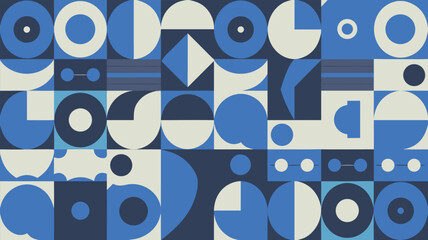 Geometric Shapes Pattern in Blues and Gray with Circles, Squares, Triangles, and Lines
