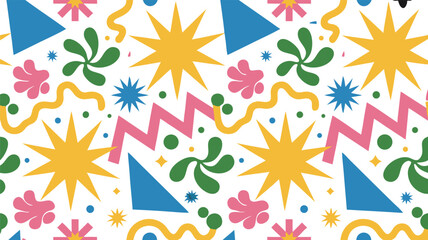 Cheerful Geometric Pattern Featuring Stars, Triangles, Flowers, Lines, and Circles on White Background