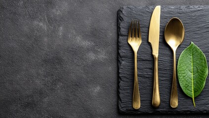 Gold cutlery on dark stone