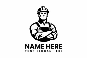 Confident Construction Worker Logo Design in Black and White 1.