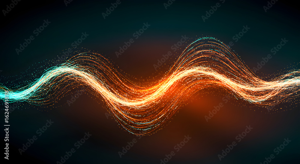 Poster dynamic wavy stream of glowing cyan and orange light particles.