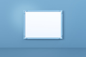 A classic sky blue ornate frame hanging on a matching pastel wall in a minimalist interior design setting
